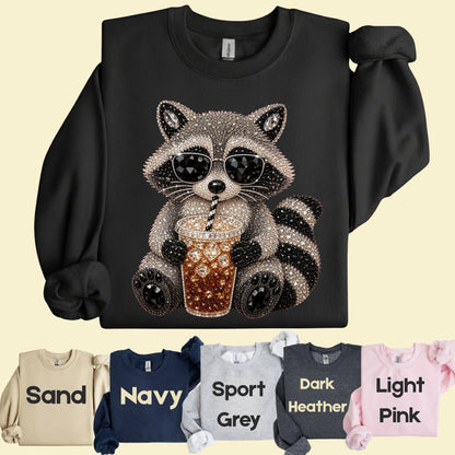 Cool Raccoon Iced Coffee T-Shirt, Sunglasses Trash Panda Rhinestone Tee Sweatshirt