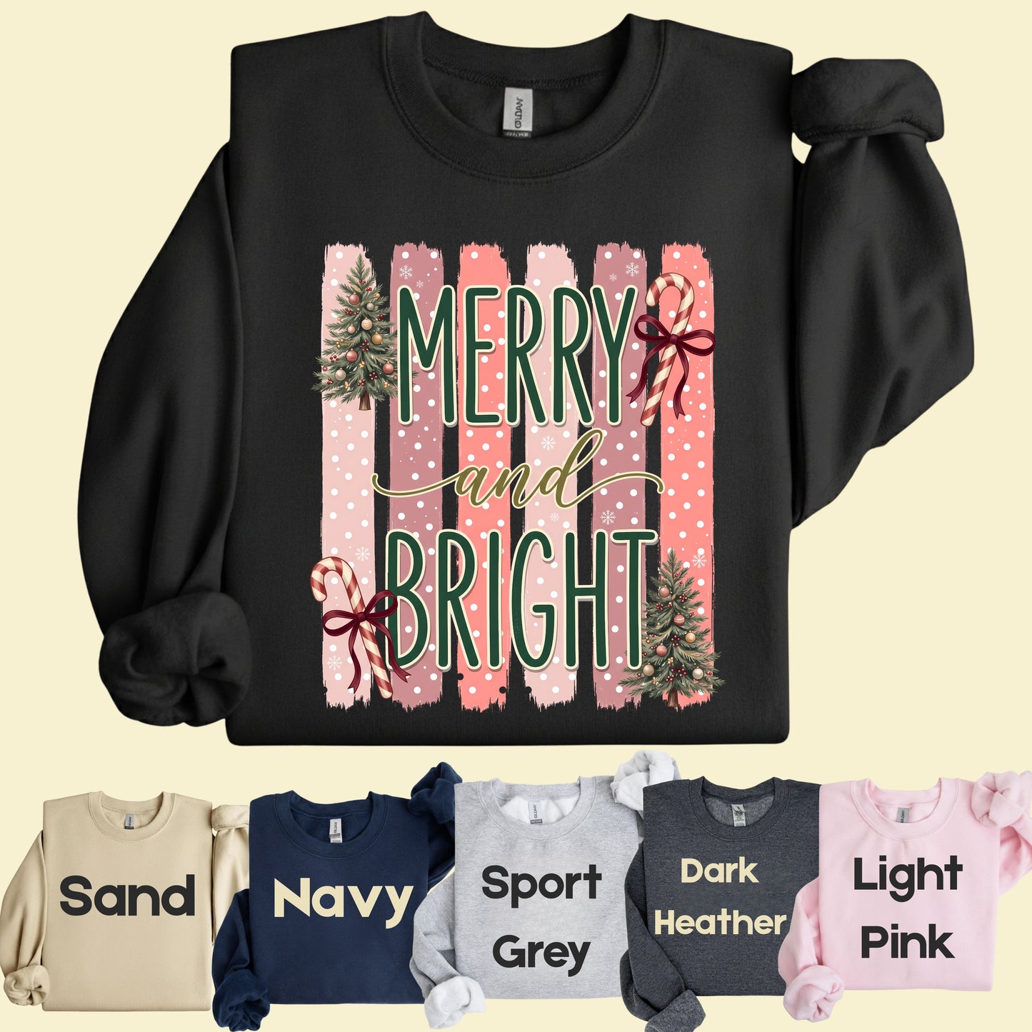 Merry and Bright Comfort Colors T Shirts Cute Christmas Tree Tees Pink Candy Cane Shirt Festive Holiday Winter Graphic Hoodie