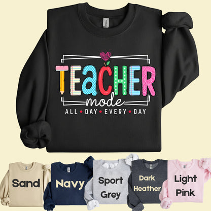Teacher Mode All Day Every Day T-Shirt, Pencil Apple Back to School Teacher Tee