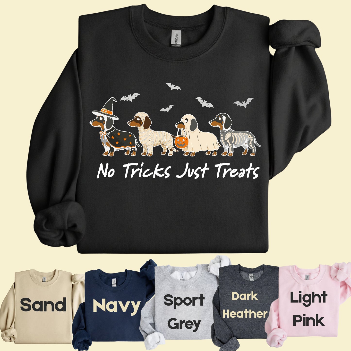 Dachshund Halloween Comfort Colors T Shirts No Tricks Just Treats Costume Tee Cute Ghost Mummy Witch Skeleton Dog Shirt Spooky Wiener Dog Hoodie
