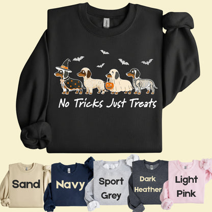 Dachshund Halloween Comfort Colors T Shirts No Tricks Just Treats Costume Tee Cute Ghost Mummy Witch Skeleton Dog Shirt Spooky Wiener Dog Hoodie
