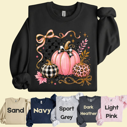 Pink Coquette Fall Pumpkin T-Shirt, Leopard Plaid Ribbon Bow Checkered Autumn Tee
