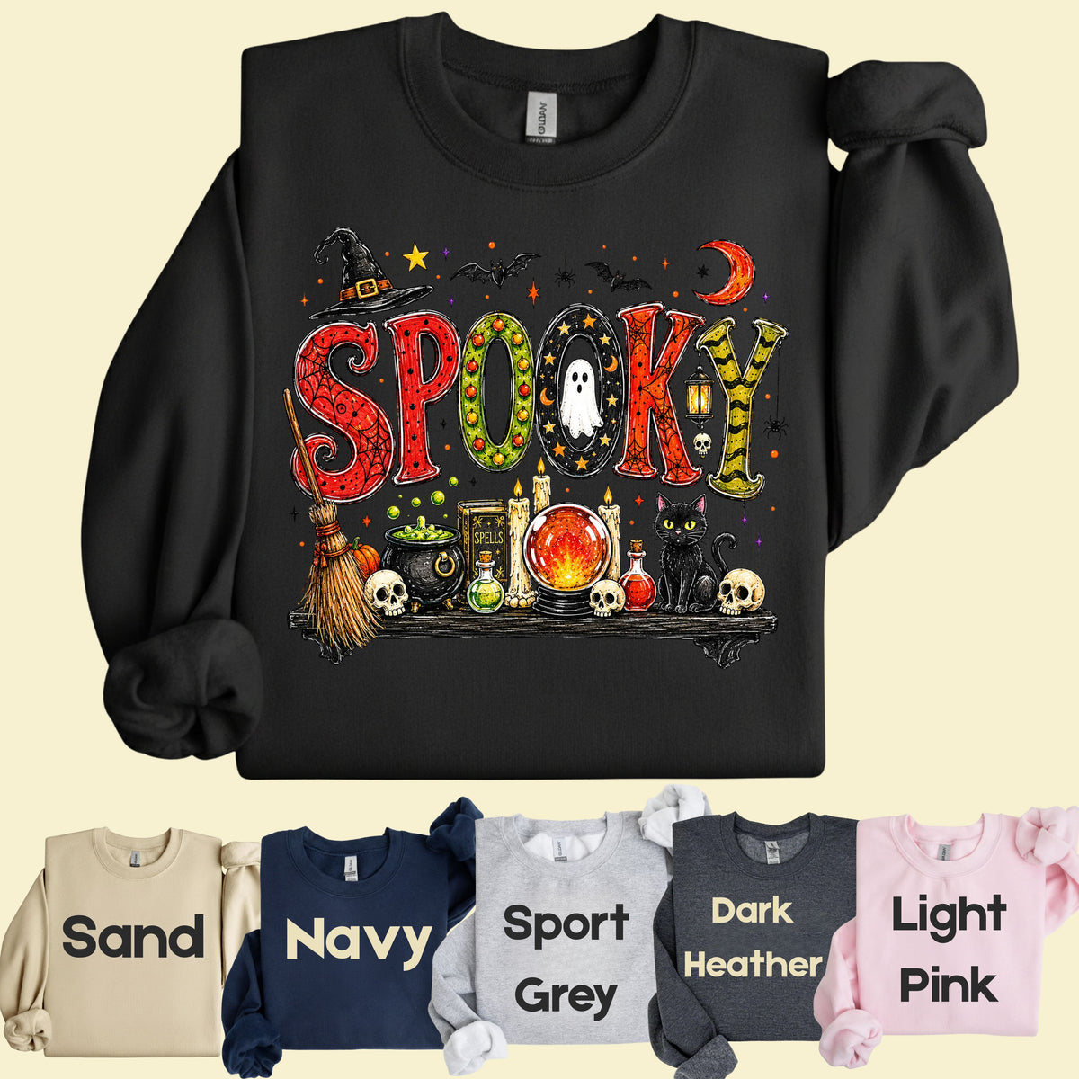 Halloween Witch Shelf Black Cat T-Shirt, Crystal Ball Cauldron Potion Skull Spooky Tee