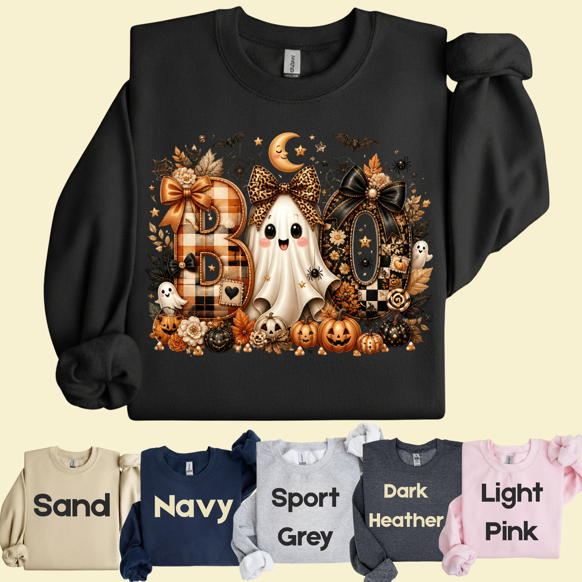 Halloween Boo Ghost T-Shirt, Cute Bows Orange Plaid Leopard Spooky Season Comfort Color Tee