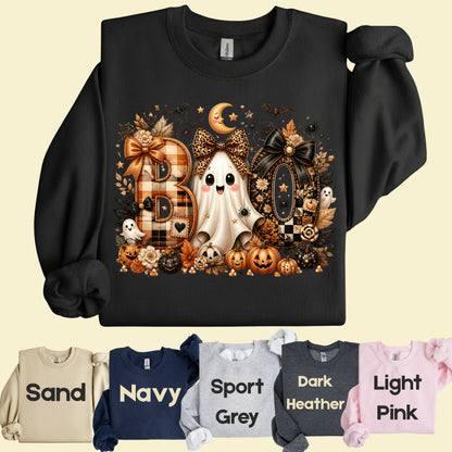 Halloween Boo Ghost T-Shirt, Cute Bows Orange Plaid Leopard Spooky Season Comfort Color Tee