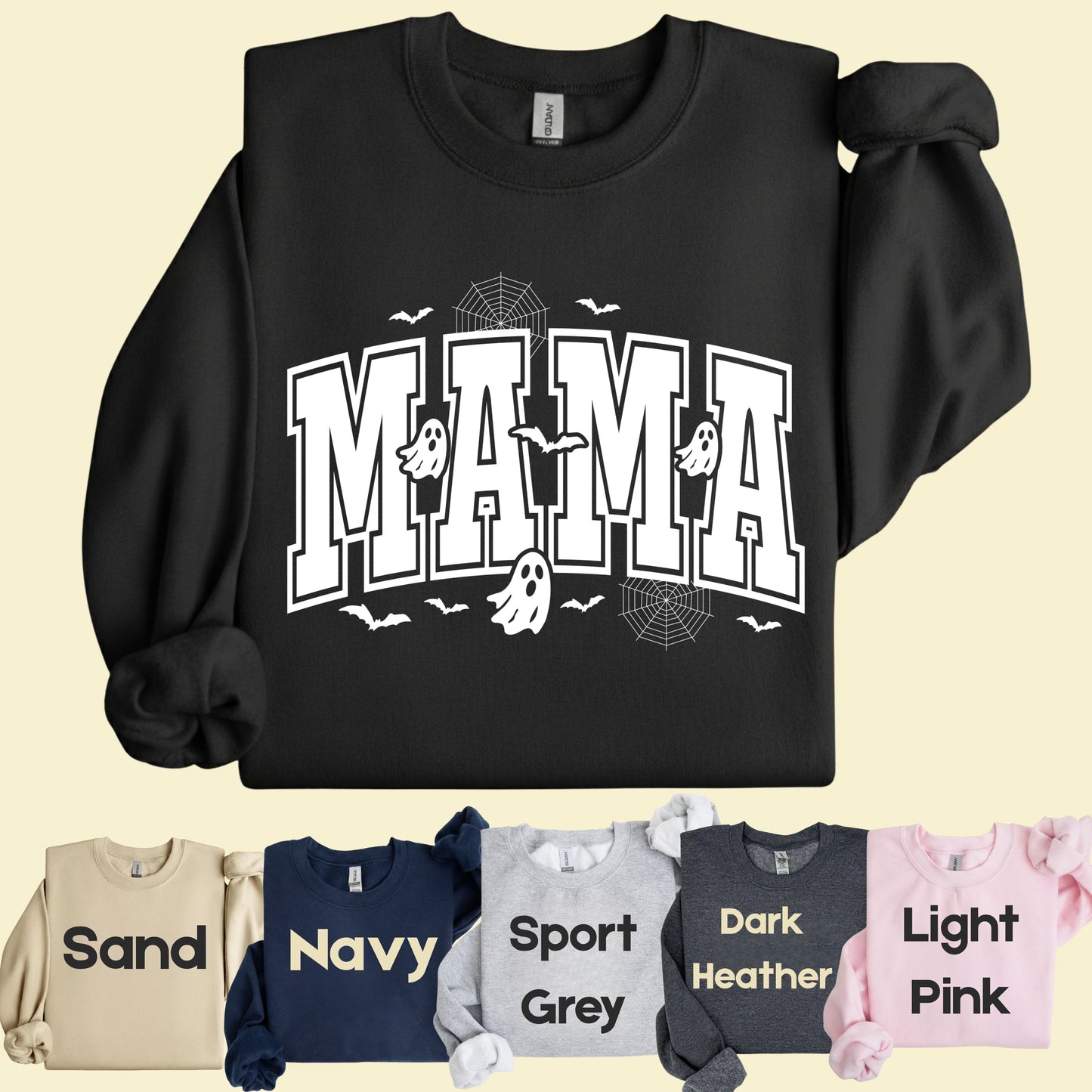 Mama Halloween Spooky Ghost Bats T-Shirt, Varsity Cute Mom Tee
