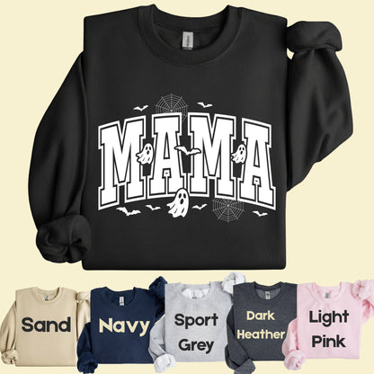 Mama Halloween Spooky Ghost Bats T-Shirt, Varsity Cute Mom Tee