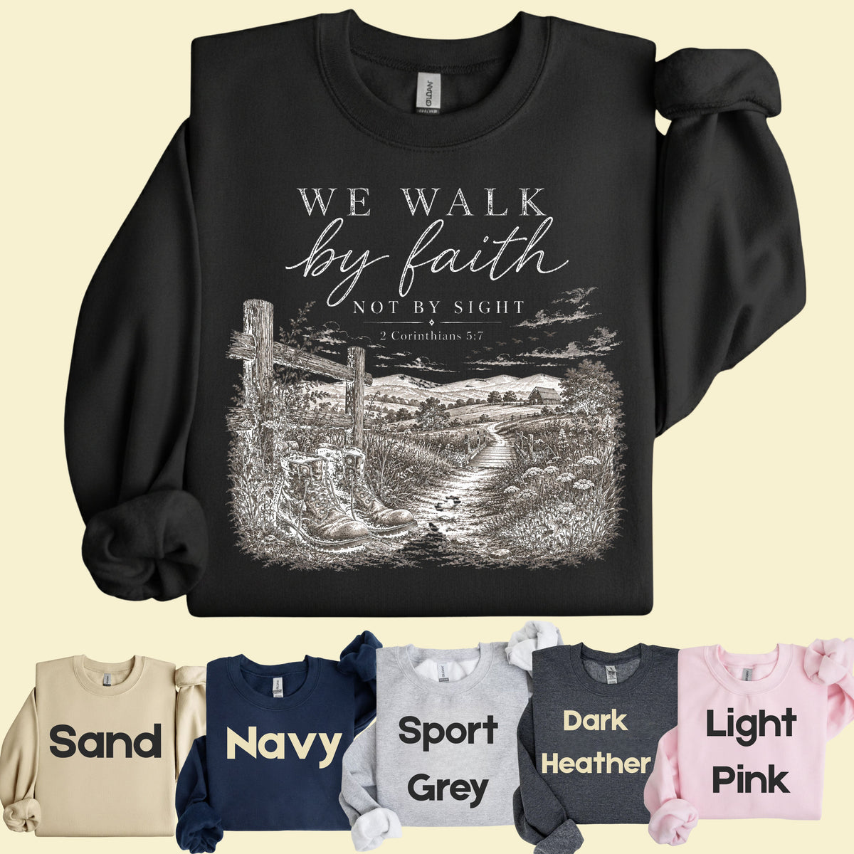We Walk by Faith Not by Sight Christian T-Shirt, 2 Corinthians 5:7 Boots Country Road Tee