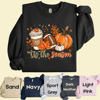 Tis the Season Football Fall T-Shirt, Pumpkin Spice Coffee Thanksgiving Tee