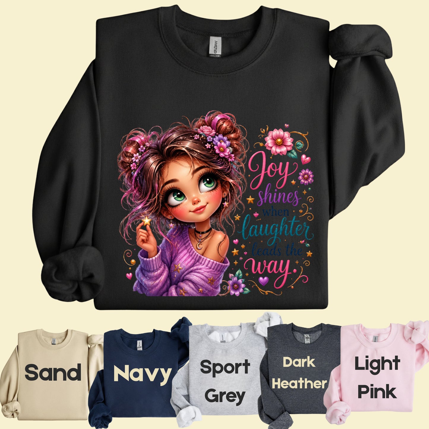 Joy Shines Laughter Space Buns Girl T-Shirt, Cute Floral Quote Tee