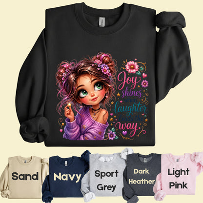 Joy Shines Laughter Space Buns Girl T-Shirt, Cute Floral Quote Tee