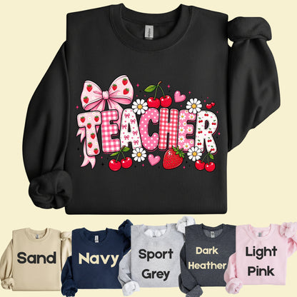 Teacher Coquette Pink T-Shirt, Strawberries Cherries Bow School Educator Tee