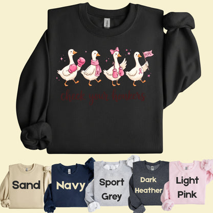 Check Your Honkers Ducks Breast Cancer Awareness T-Shirt, Pink Ribbon Boxing Gloves Geese Tee