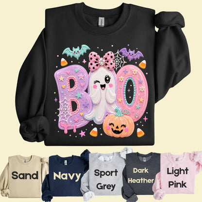 Pastel Cute Ghost Halloween Boo T-Shirt, Pink Purple Bow Pumpkin Candy Corn Girls Tee