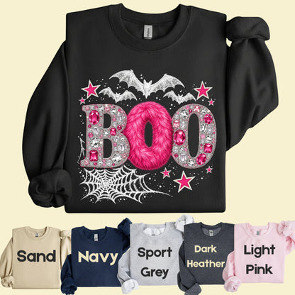 Boo Pink Glitter Bats Halloween T-Shirt, Spider Web Sparkle Comfort Color Tee