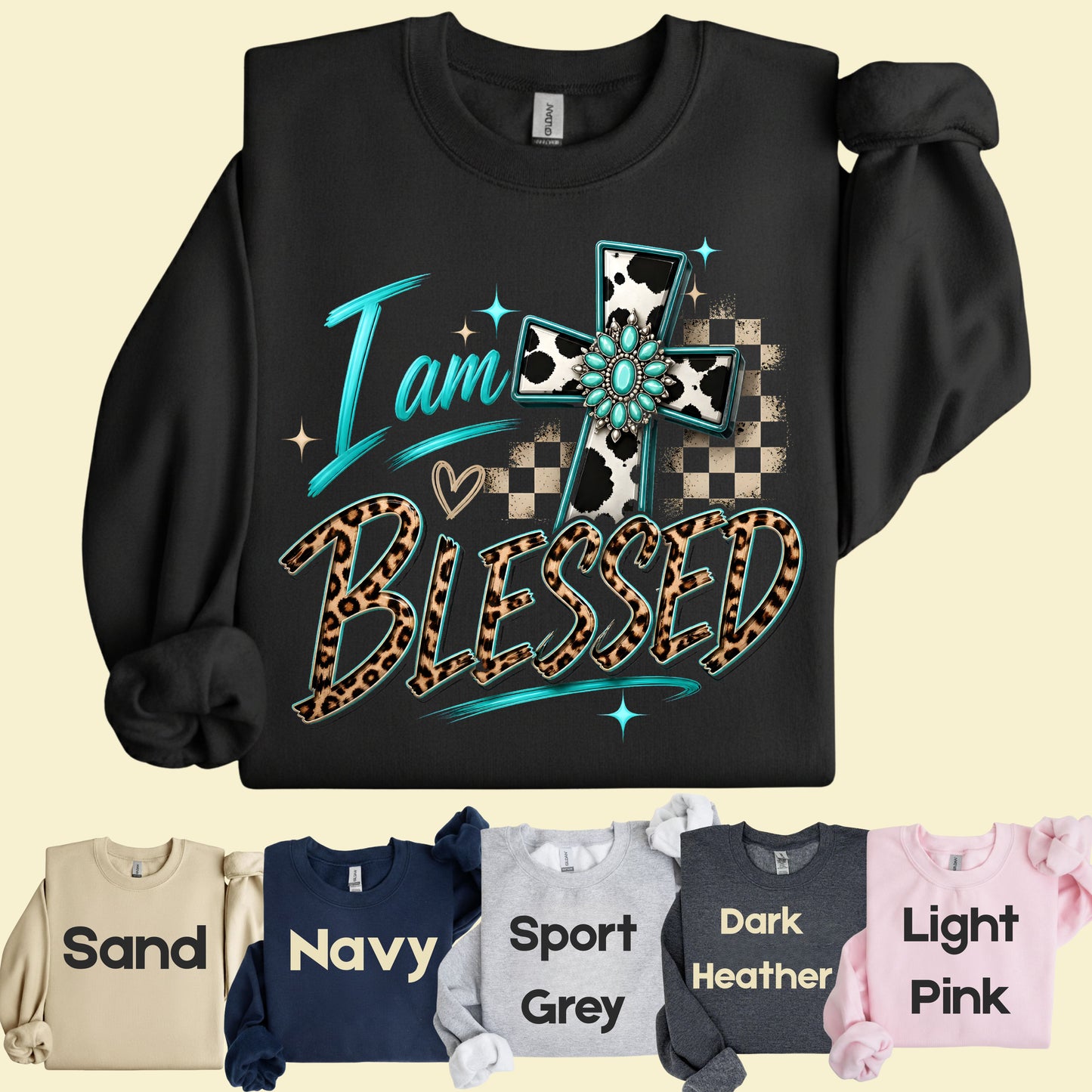 I Am Blessed Western Cross Cow Print T-Shirt, Turquoise Leopard Faith Tee