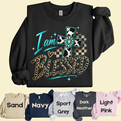 I Am Blessed Western Cross Cow Print T-Shirt, Turquoise Leopard Faith Tee