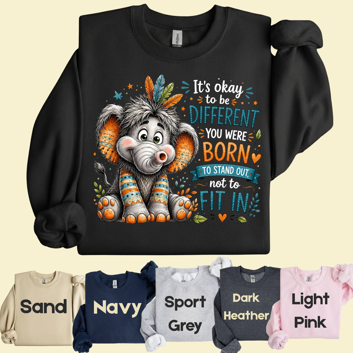 It's Okay to Be Different Elephant T-Shirt, Cute Feathers Stand Out Quote Tee