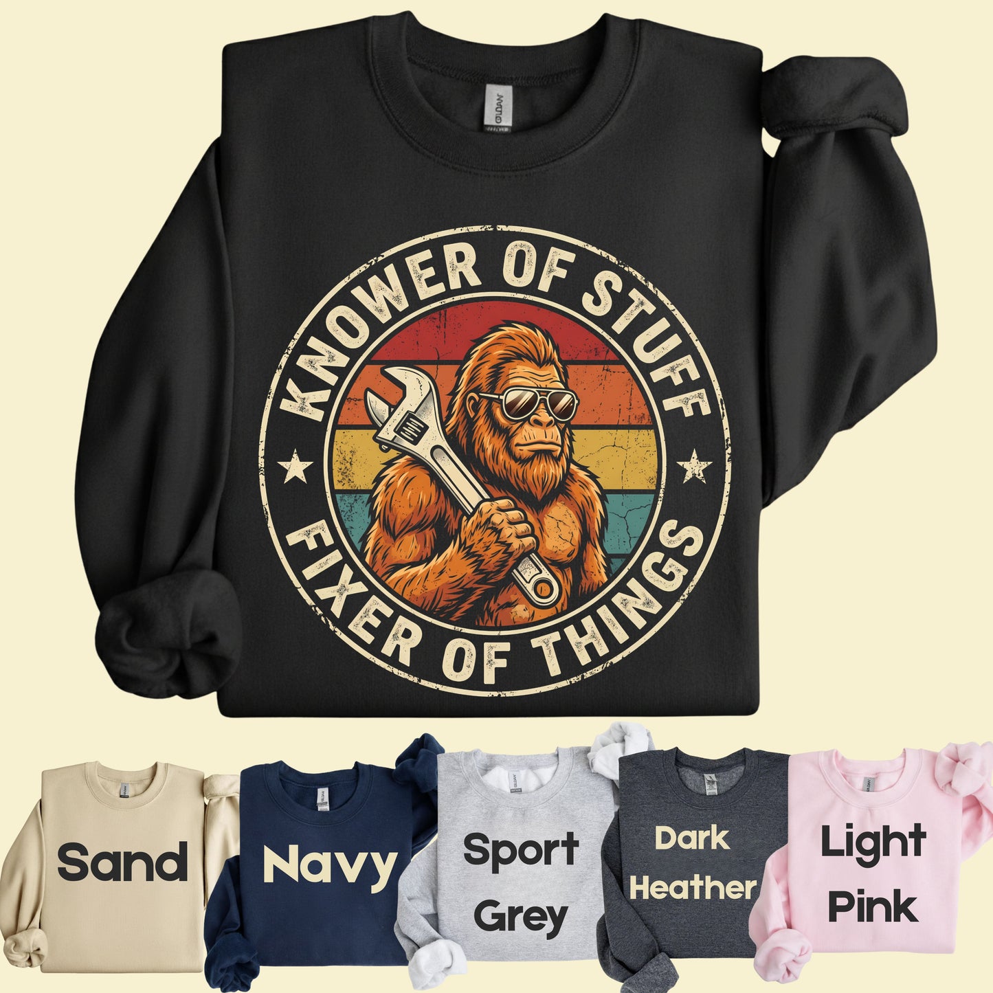 Funny Bigfoot Knower of Stuff Fixer of Things T-Shirt, Retro Sasquatch Wrench Sunglasses Dad Handyman Tee