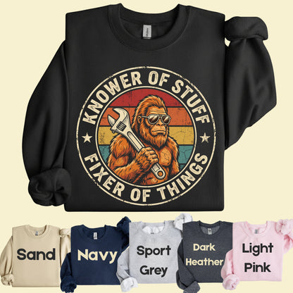 Funny Bigfoot Knower of Stuff Fixer of Things T-Shirt, Retro Sasquatch Wrench Sunglasses Dad Handyman Tee