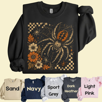 Vintage Fall Halloween Spider T-Shirt, Floral Spiderweb Checkered Spooky Season Tee