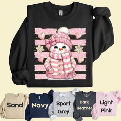 Cute Pink Snowgirl Winter T-Shirt, Snowman Beanie Bow Pink Stripes Hearts Tee