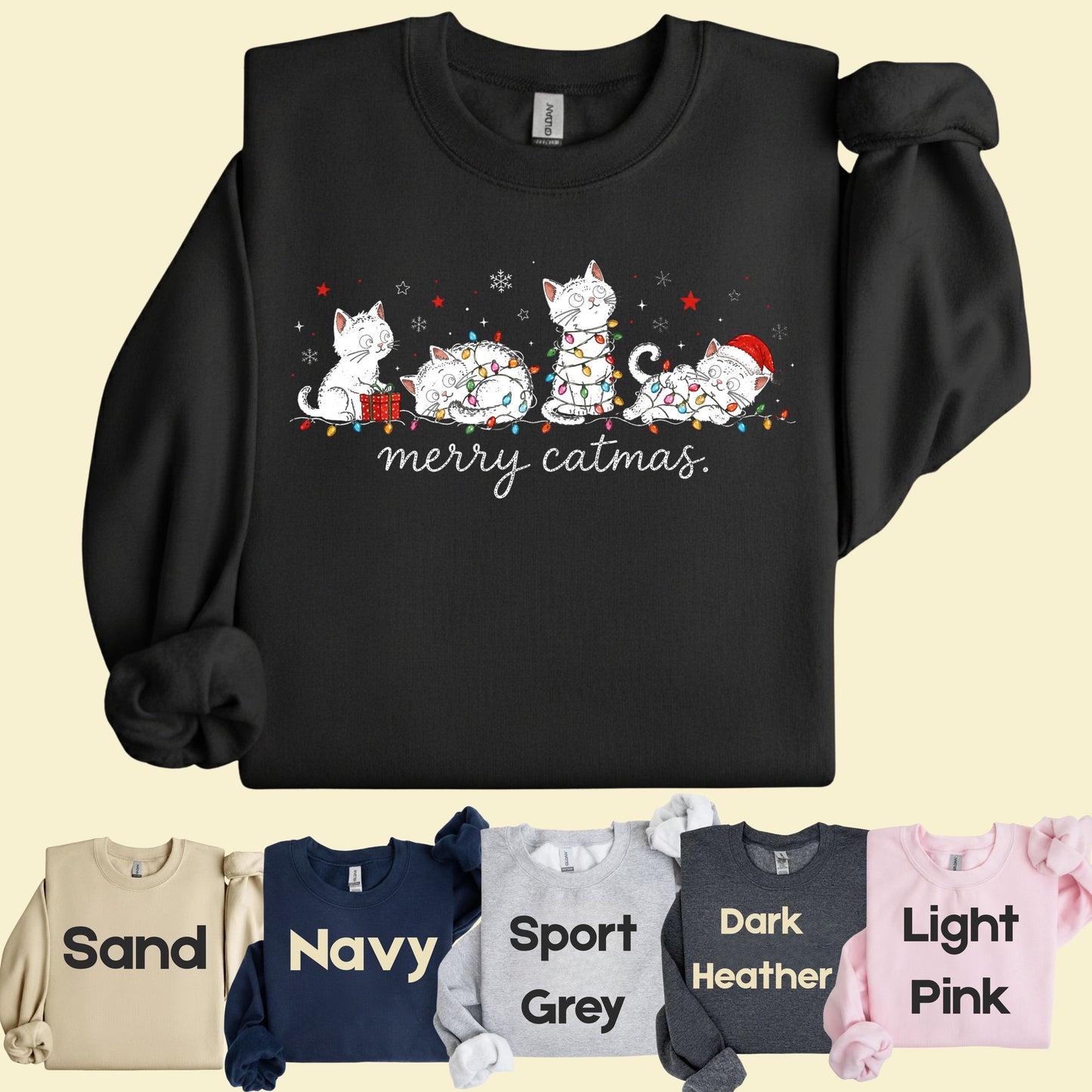 Merry Catmas Black Cats Christmas T-Shirt, Christmas Lights Black Kittens Cat Lover Tee