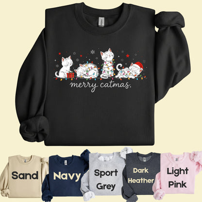 Merry Catmas Black Cats Christmas T-Shirt, Christmas Lights Black Kittens Cat Lover Tee