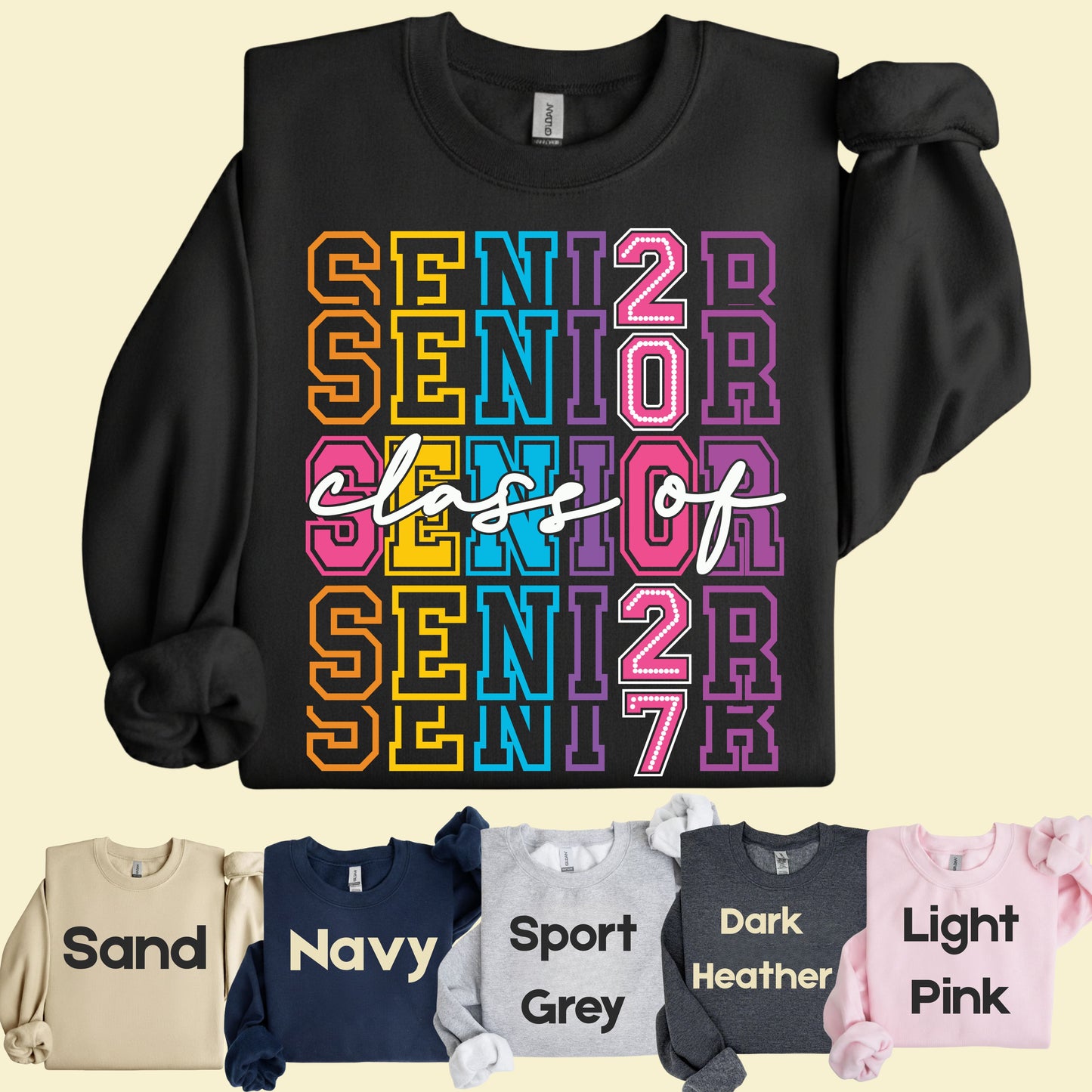 Senior Class of 2027 Colorful Retro T-Shirt, Stacked Varsity Letters Pastel Graduation Tee