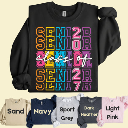 Senior Class of 2027 Colorful Retro T-Shirt, Stacked Varsity Letters Pastel Graduation Tee