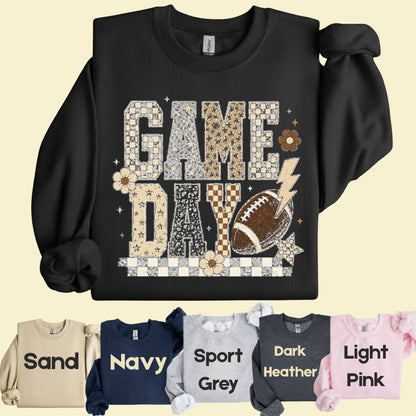 Game Day Leopard Football T-Shirt, Checkered Lightning Bolt Retro Western Tee Sweatshirt
