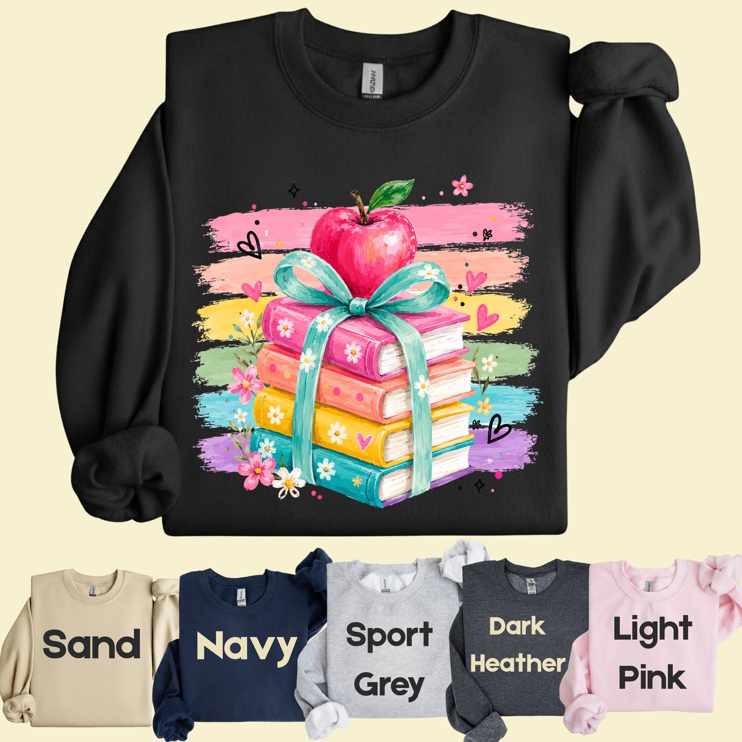 Coquette Stacked Books Teacher T-Shirt, Apple Ribbon Colorful Brushstrokes Comfort Color Tee