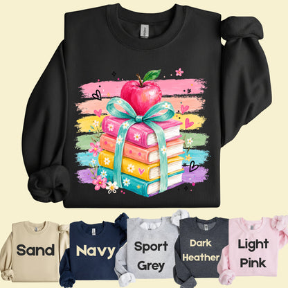 Coquette Stacked Books Teacher T-Shirt, Apple Ribbon Colorful Brushstrokes Comfort Color Tee