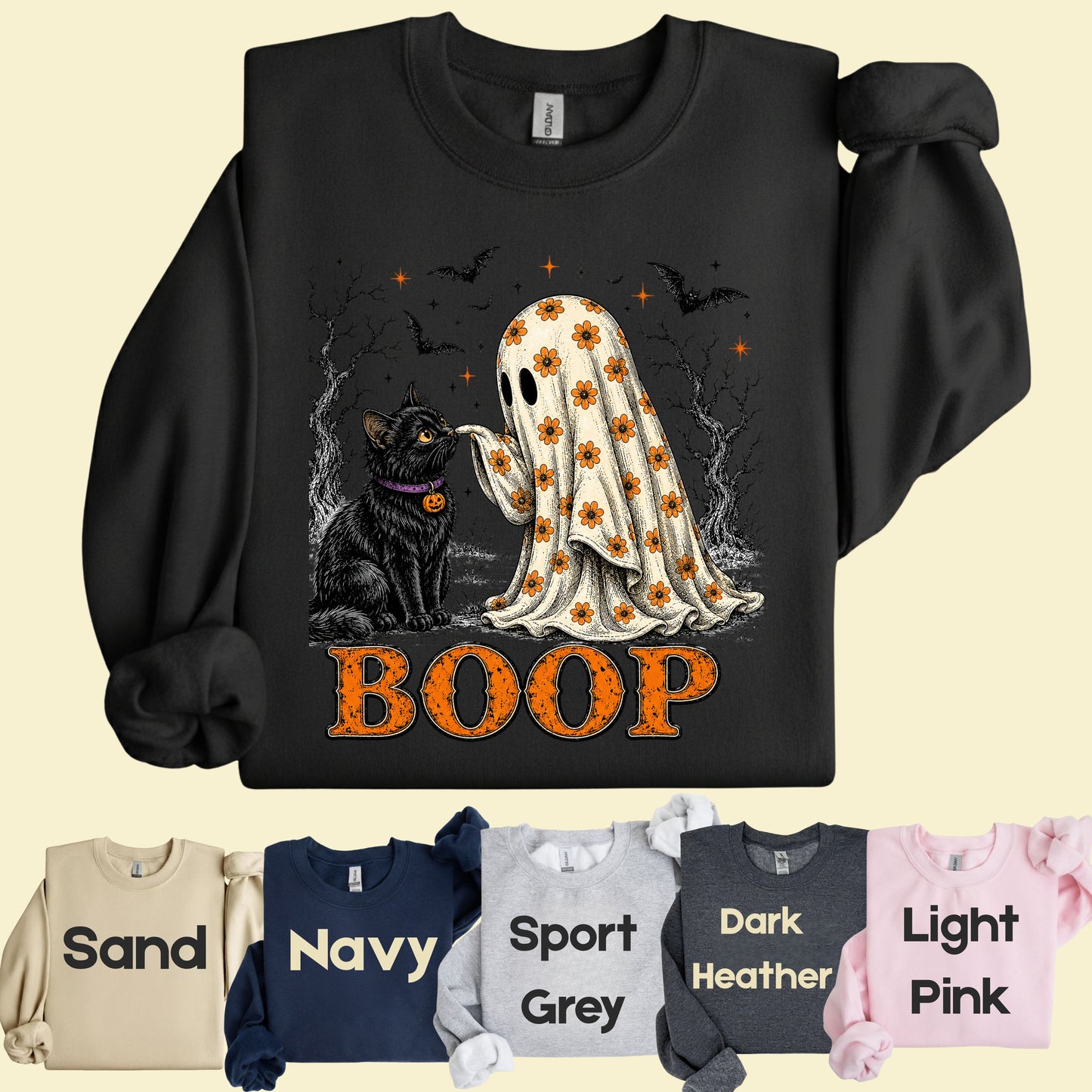 Halloween Cute Ghost Boop Black Cat T-Shirt, Floral Sheet Bats Spooky Season Tee