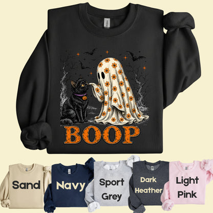 Halloween Cute Ghost Boop Black Cat T-Shirt, Floral Sheet Bats Spooky Season Tee