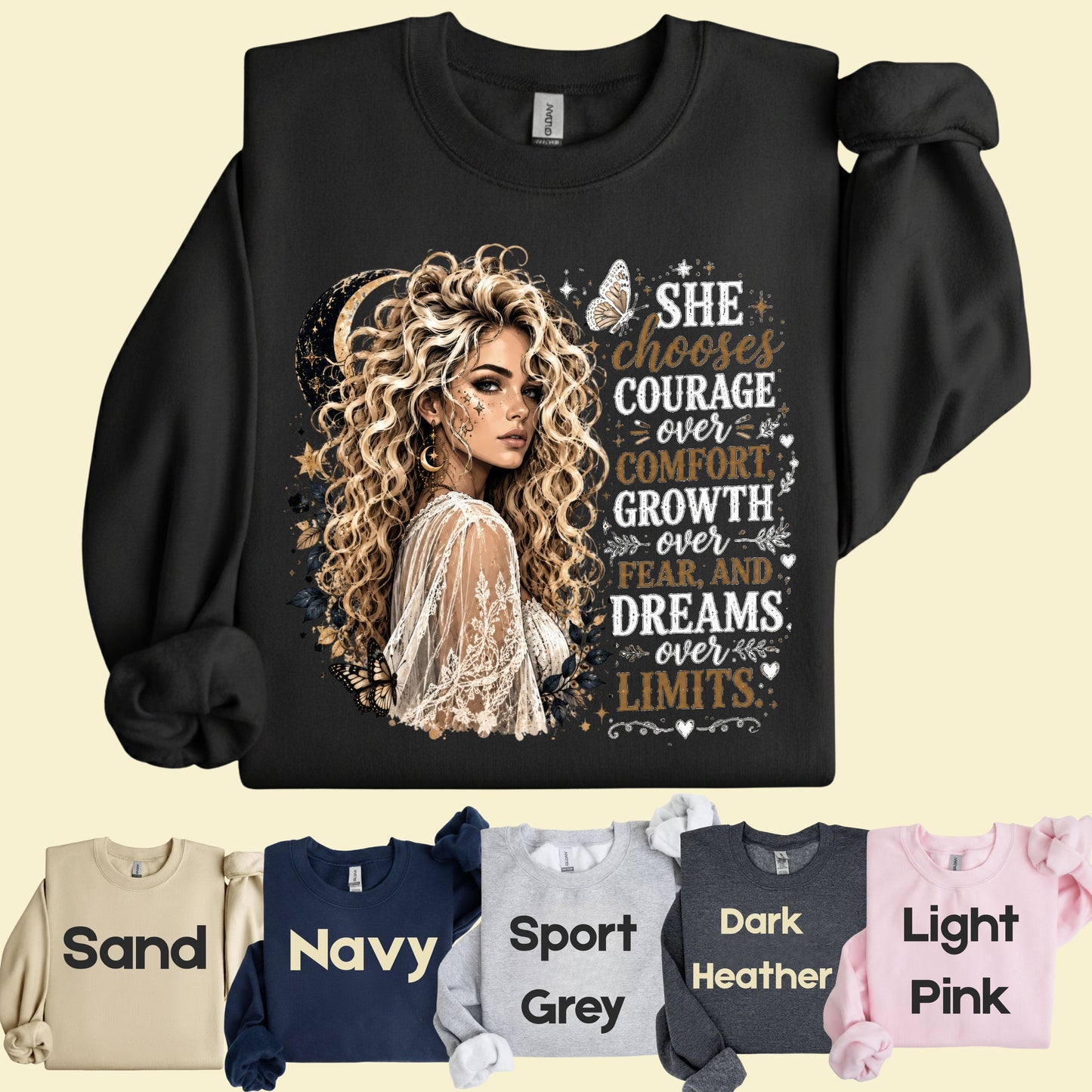 She Chooses Courage Inspirational T-Shirt, Blonde Woman Butterfly Crescent Moon Tee Sweatshirt
