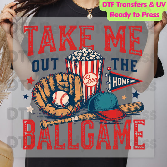 Take Me Out To The Ballgame DTF Transfer Ready to Press Baseball Popcorn Glove Bat Heat Transfer For Shirts Sports Graphic UV Sticker Prints