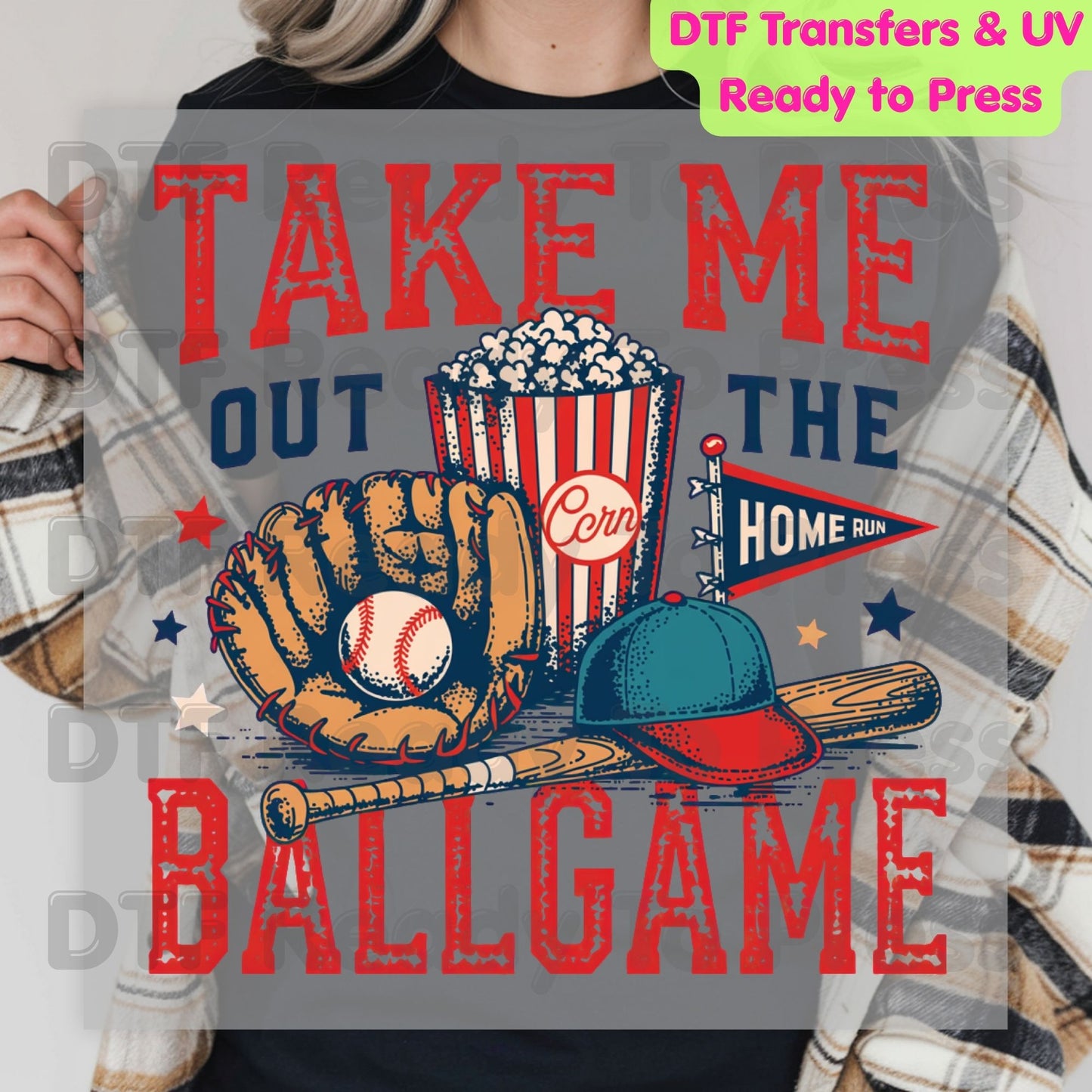 Take Me Out To The Ballgame DTF Transfer Ready to Press Baseball Popcorn Glove Bat Heat Transfer For Shirts Sports Graphic UV Sticker Prints