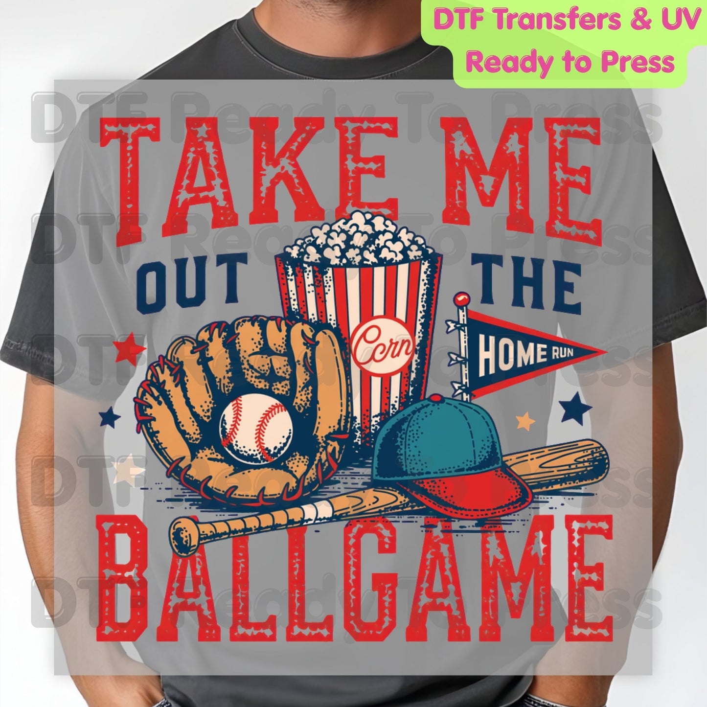 Take Me Out To The Ballgame DTF Transfer Ready to Press Baseball Popcorn Glove Bat Heat Transfer For Shirts Sports Graphic UV Sticker Prints