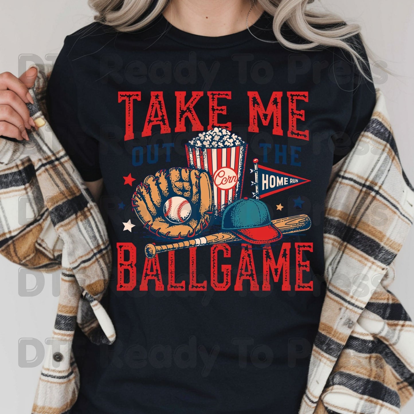 Take Me Out To The Ballgame DTF Transfer Ready to Press Baseball Popcorn Glove Bat Heat Transfer For Shirts Sports Graphic UV Sticker Prints