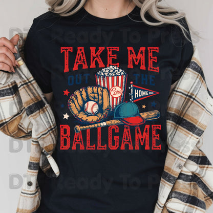 Take Me Out To The Ballgame DTF Transfer Ready to Press Baseball Popcorn Glove Bat Heat Transfer For Shirts Sports Graphic UV Sticker Prints