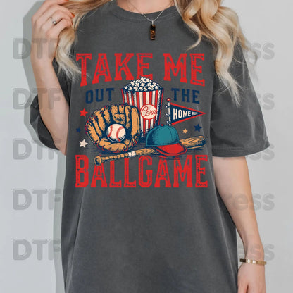 Take Me Out To The Ballgame DTF Transfer Ready to Press Baseball Popcorn Glove Bat Heat Transfer For Shirts Sports Graphic UV Sticker Prints