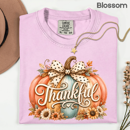 Thankful Comfort Colors T Shirts Pumpkin Cute Thanksgiving Tee Vintage Floral Bow Autumn Leaves Shirt Coquette Fall Graphic Sweatshirt