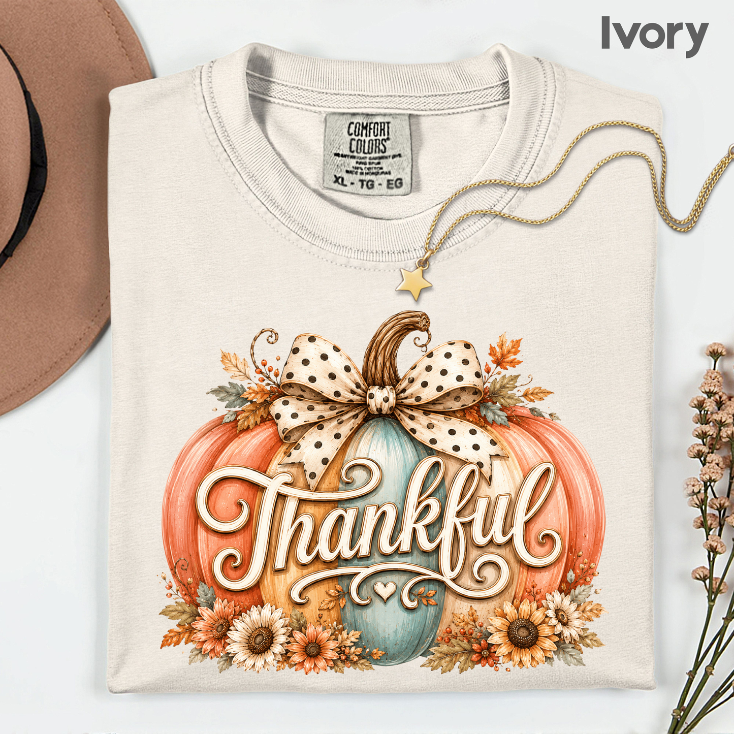 Thankful Comfort Colors T Shirts Pumpkin Cute Thanksgiving Tee Vintage Floral Bow Autumn Leaves Shirt Coquette Fall Graphic Sweatshirt