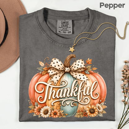 Thankful Comfort Colors T Shirts Pumpkin Cute Thanksgiving Tee Vintage Floral Bow Autumn Leaves Shirt Coquette Fall Graphic Sweatshirt