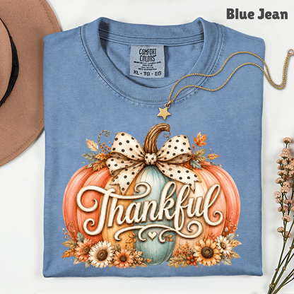 Thankful Comfort Colors T Shirts Pumpkin Cute Thanksgiving Tee Vintage Floral Bow Autumn Leaves Shirt Coquette Fall Graphic Sweatshirt