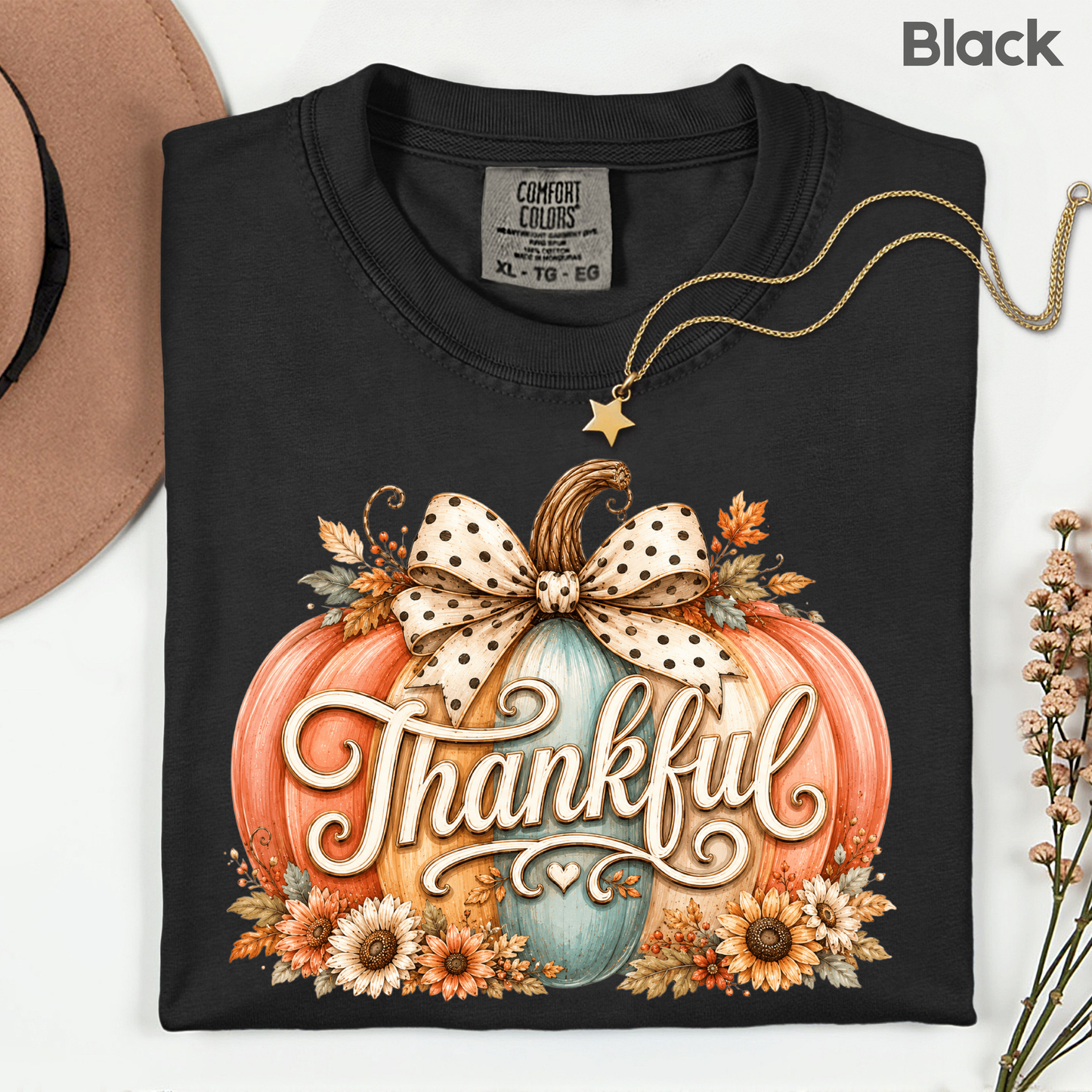 Thankful Comfort Colors T Shirts Pumpkin Cute Thanksgiving Tee Vintage Floral Bow Autumn Leaves Shirt Coquette Fall Graphic Sweatshirt