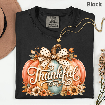 Thankful Comfort Colors T Shirts Pumpkin Cute Thanksgiving Tee Vintage Floral Bow Autumn Leaves Shirt Coquette Fall Graphic Sweatshirt