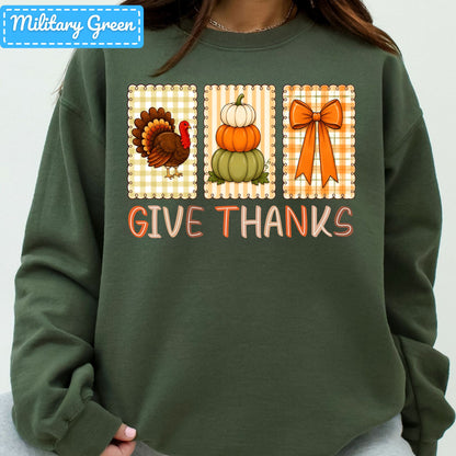 Thanksgiving Turkey Pumpkin T-Shirt, Coquette Bow Sweatshirt, Give Thanks Tee