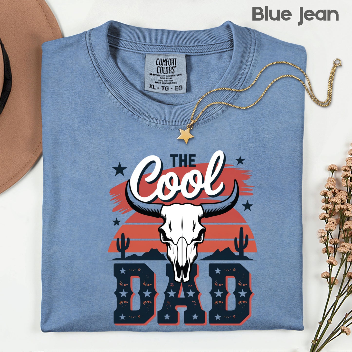 The Cool Dad Comfort Colors T Shirt Western Bull Skull Father's Day Gift Patriotic Desert Apparel USA Style Men’s Tee Cowboy Gameday Shirt